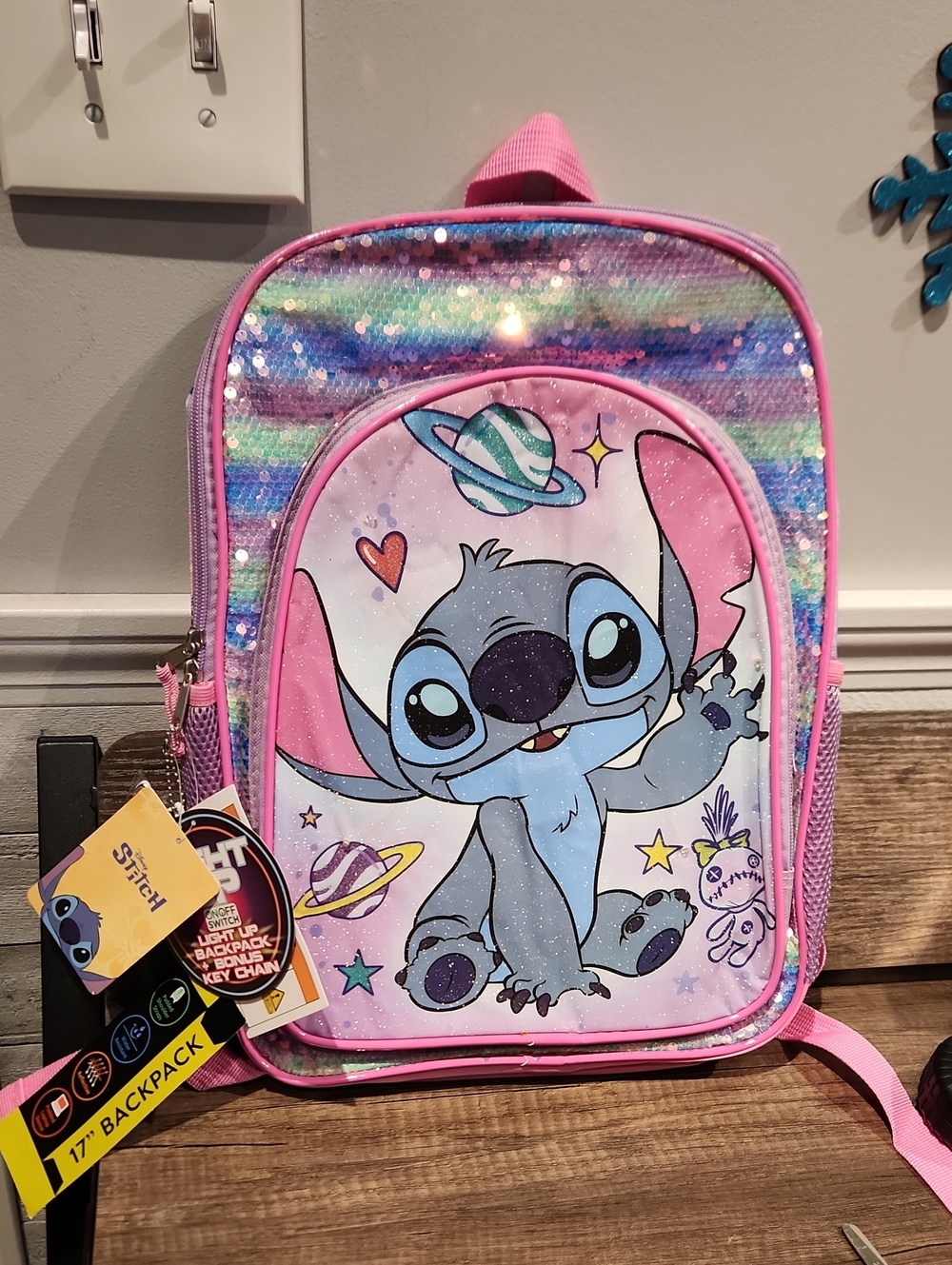 Disney Pink & Multicolor Sequin Stitch Kids Backpack Lights Up 17"